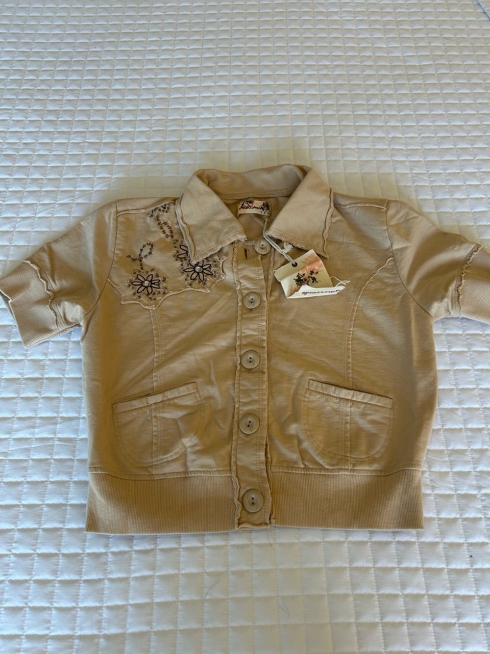 Adriana USA All Cotton Short Sleeve Button-Up Top with Embroidered Detail